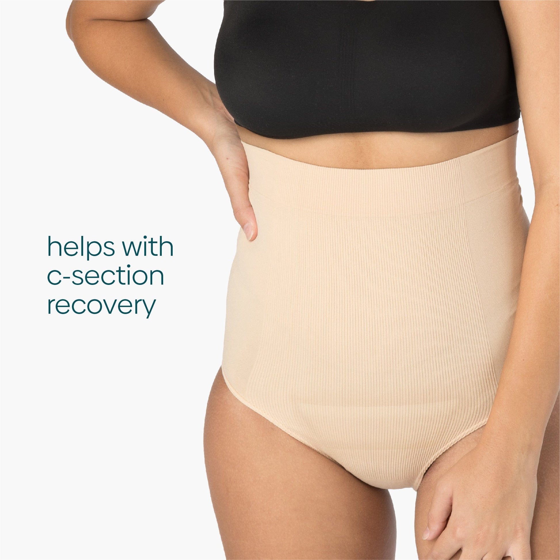 An image of a woman wearing nude colored C Panties, which help with c-section recovery