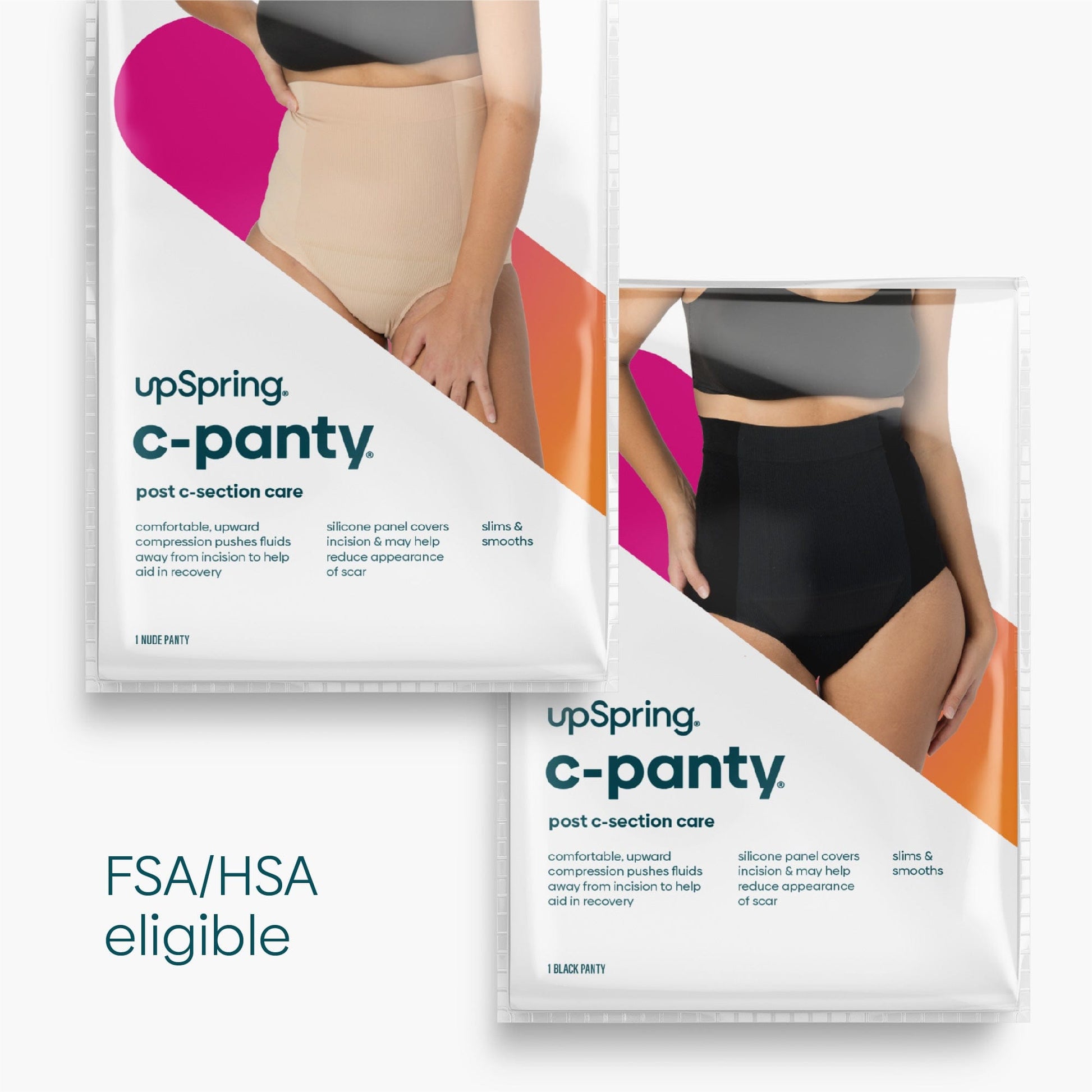 A pair of nude C Panty and a pair of black C Panty packages which are FSA/HSA eligible