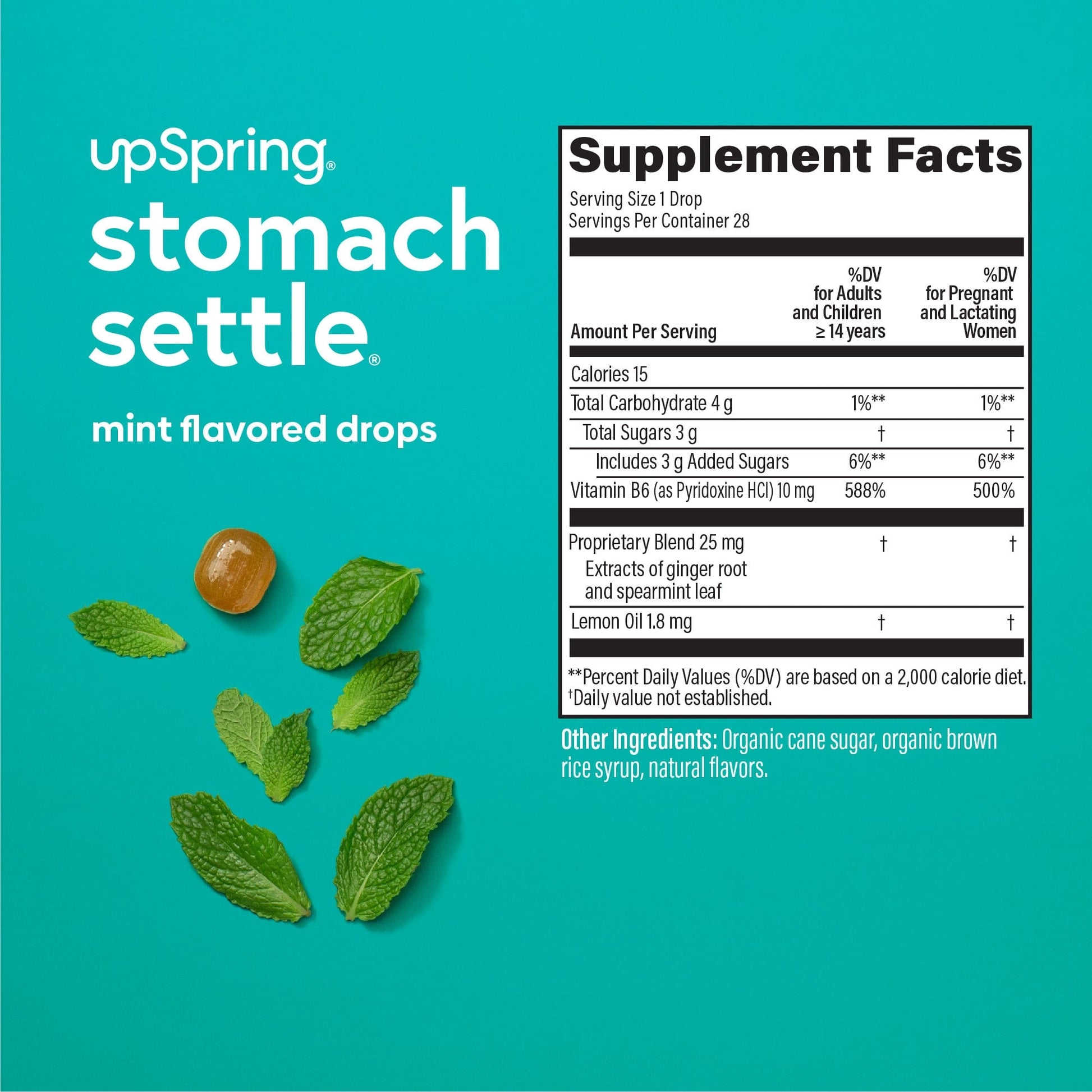 Supplement facts and ingredient information for UpSpring Stomach Settle mint flavor