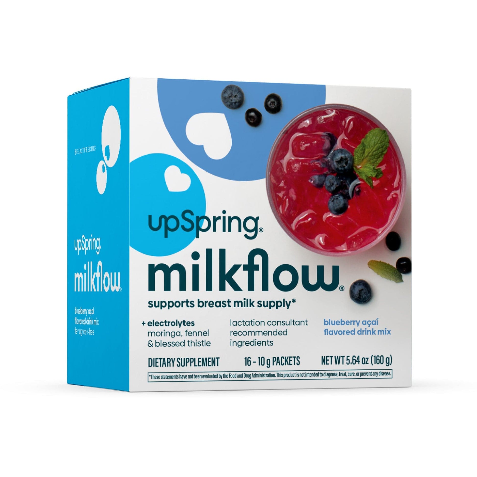 A box of MilkFlow + electrolytes blueberry acai flavor