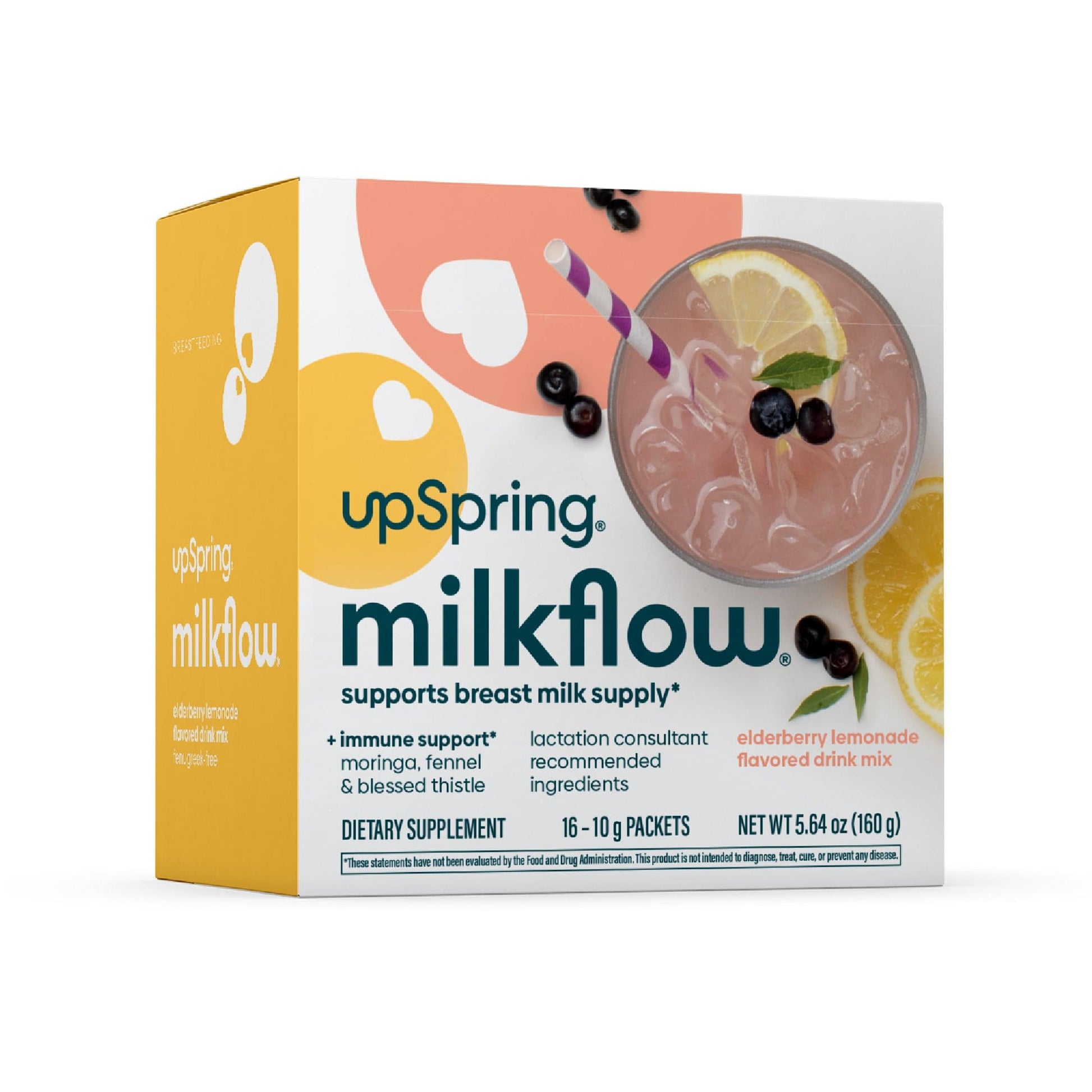 A box of MilkFlow + Immune support Elderberry Lemonade drink mix 16 packets