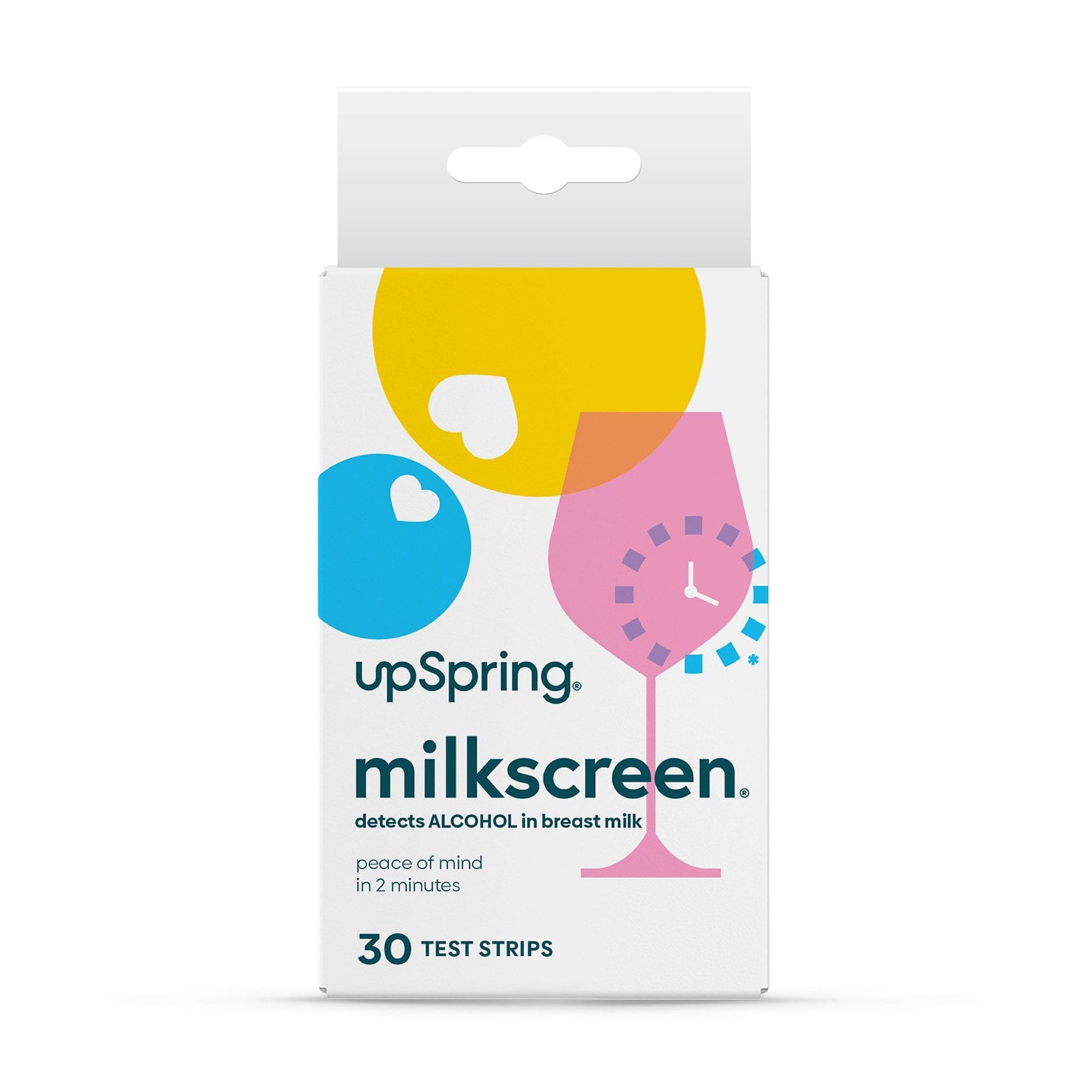 A box of thirty MilkScreen alcohol detection strips from UpSpring