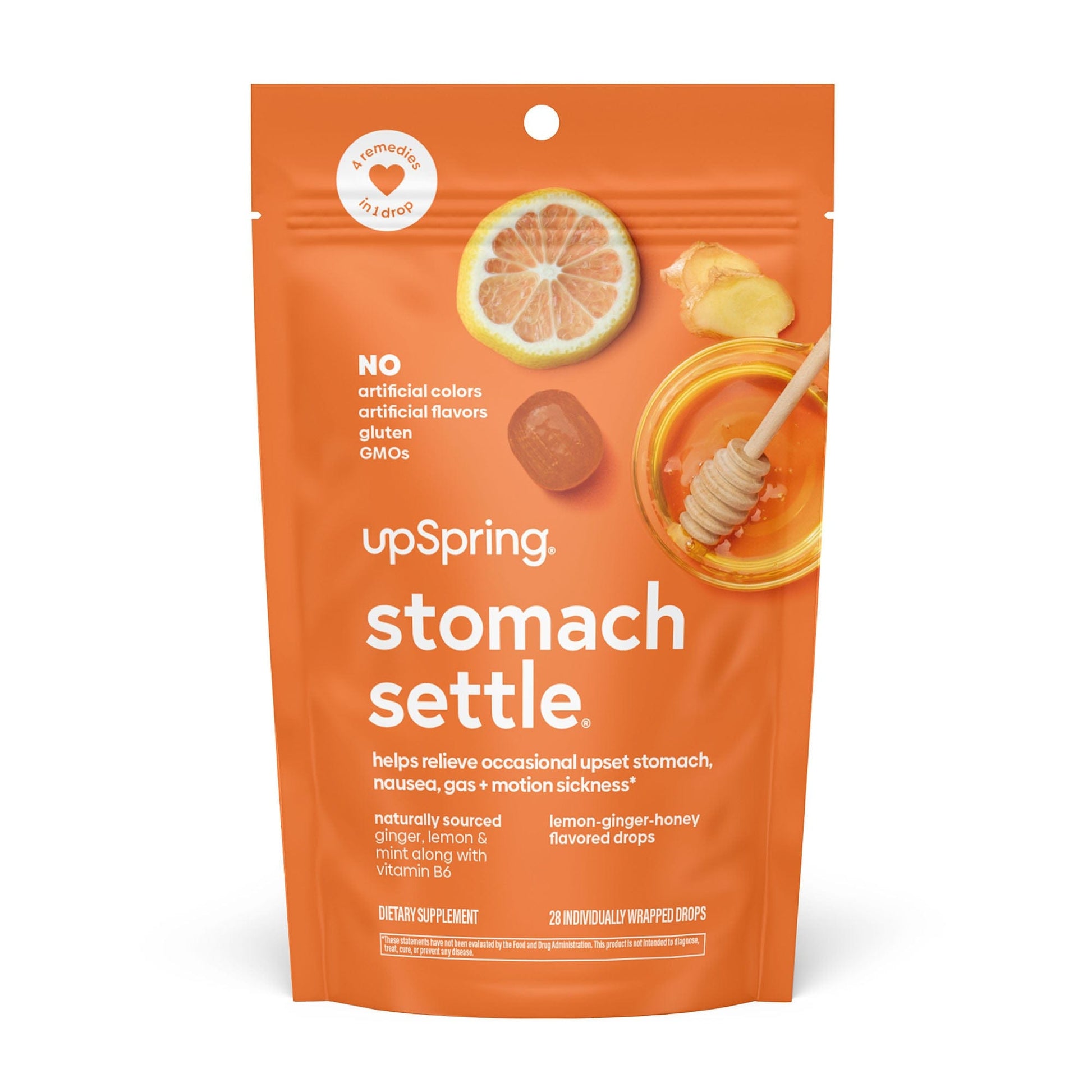 An orange colored bag of Stomach Settle by Upspring