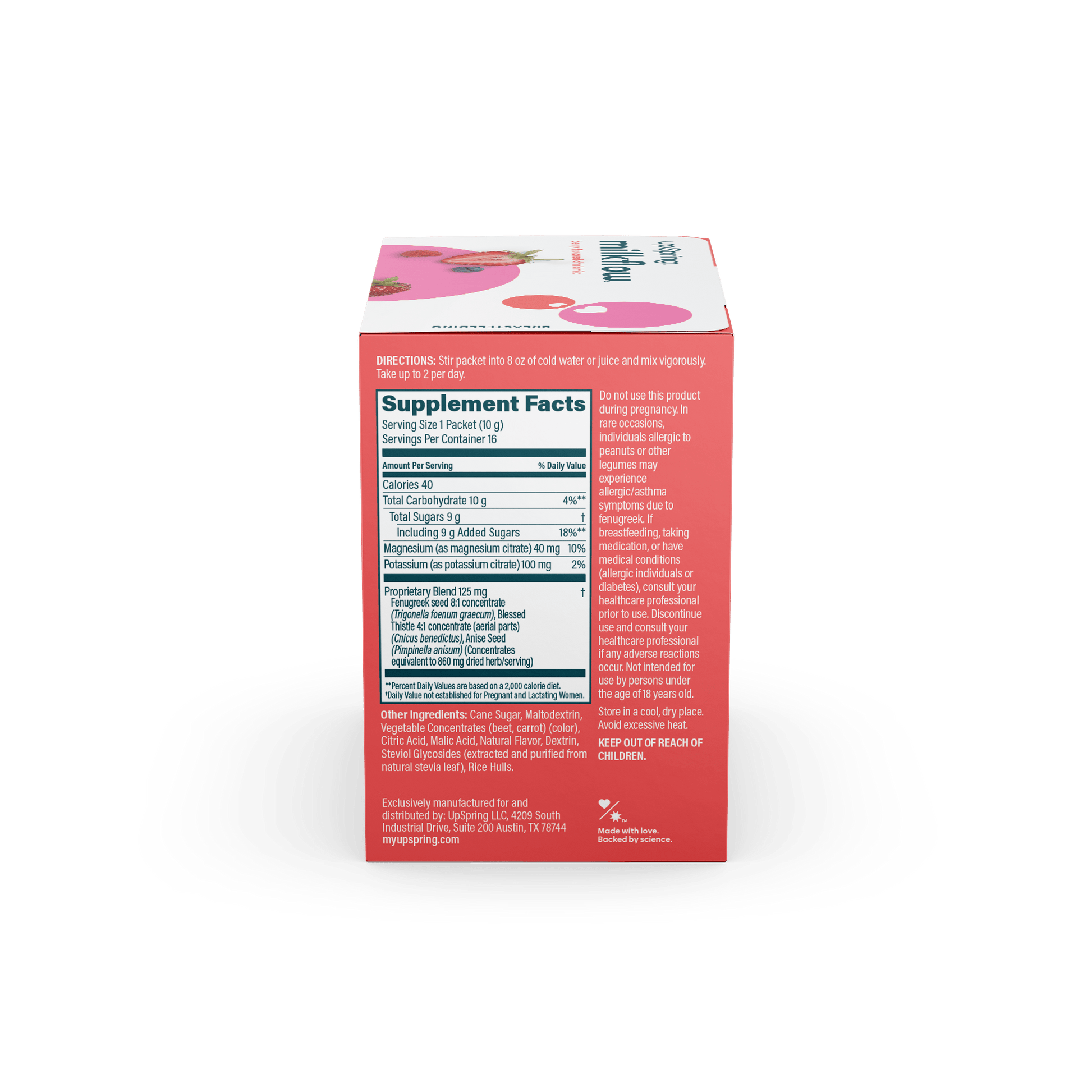 An image of the side of the box of MilkFlow Berry with facts and warnings