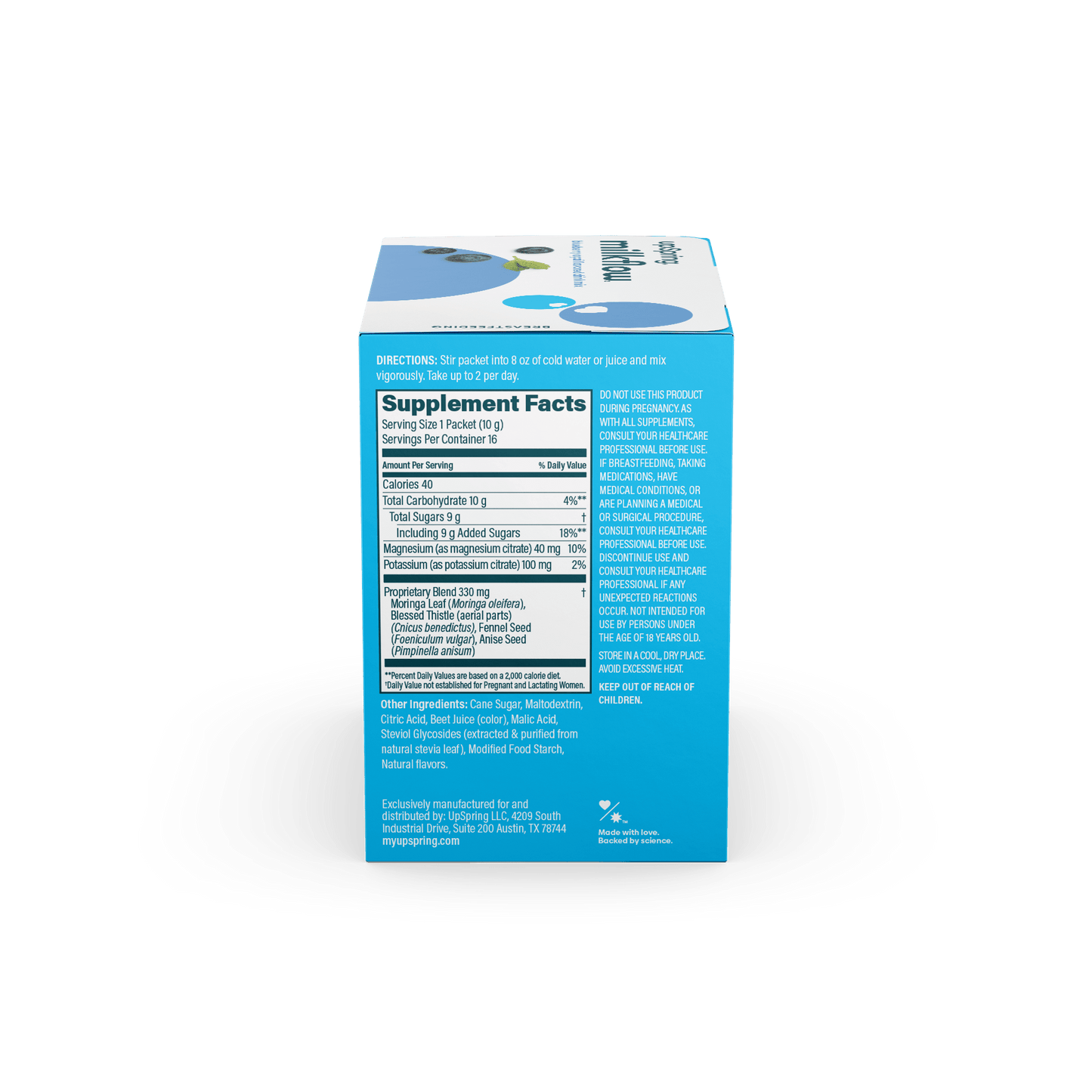 Supplement facts and warnings panel on the side of the MilkFlow box
