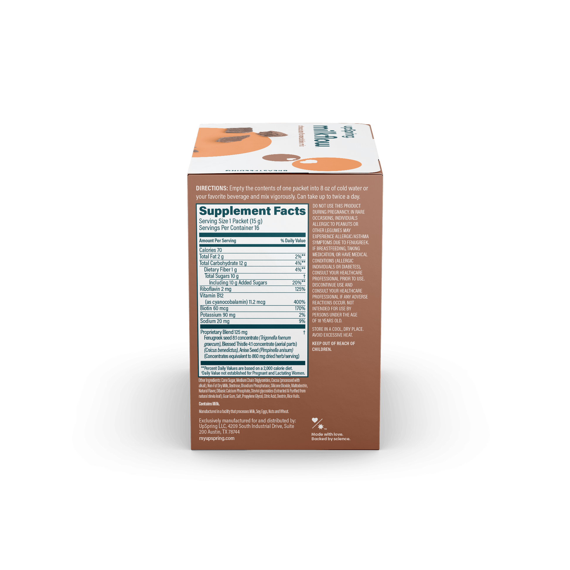 The Supplement Facts and warnings panel on the side of the MilkFlow box