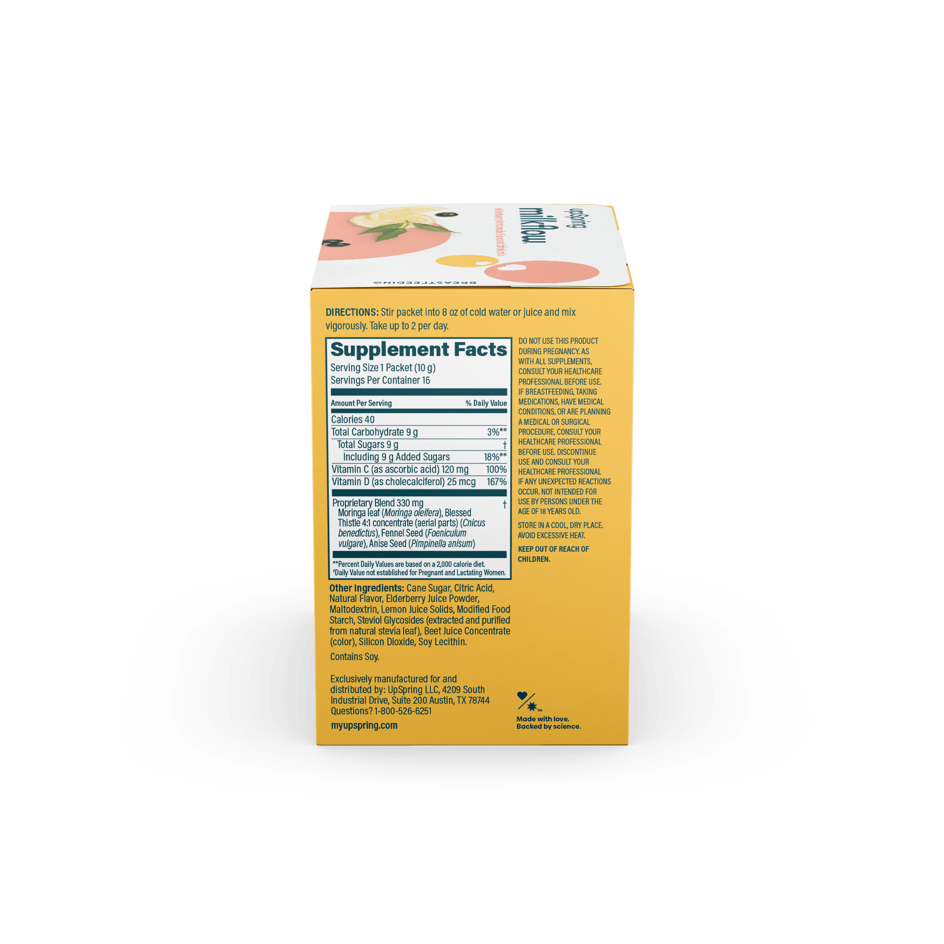 Supplement facts, ingredients, and warning label from the side of the box of Elderberry Lemonade MilkFlow