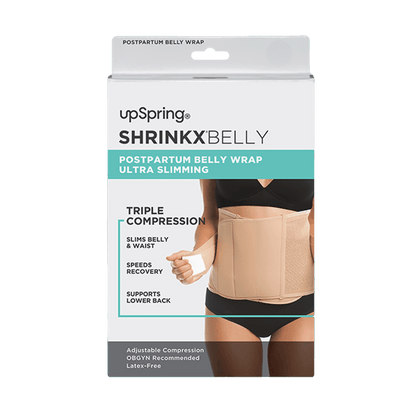 upSpring Shrinkx Belly postpartum belly wrap package showing beige compression wrap with triple compression benefits