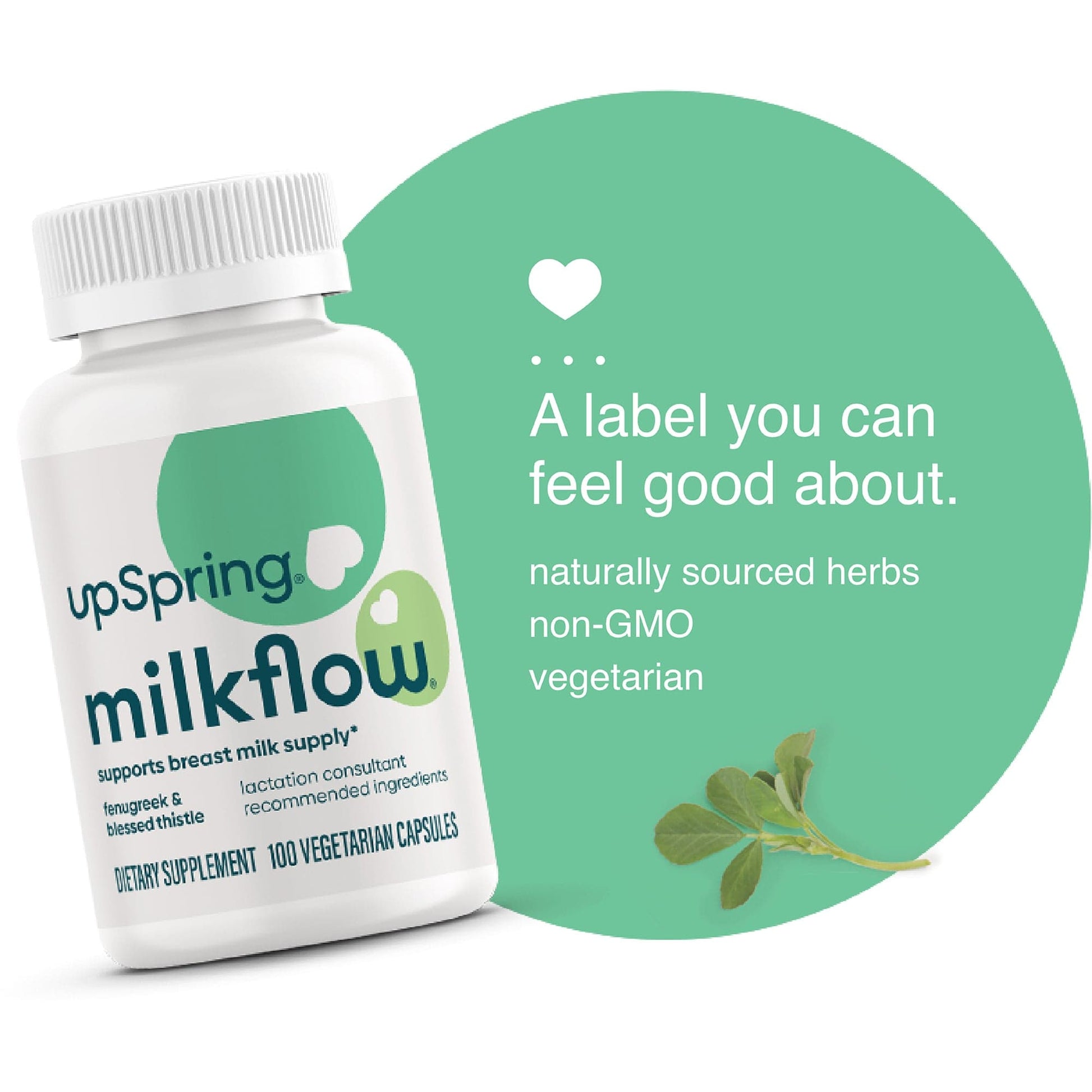 A bottle of Milkflow 100 capsules with fenugreek and blessed thistle next to product claims