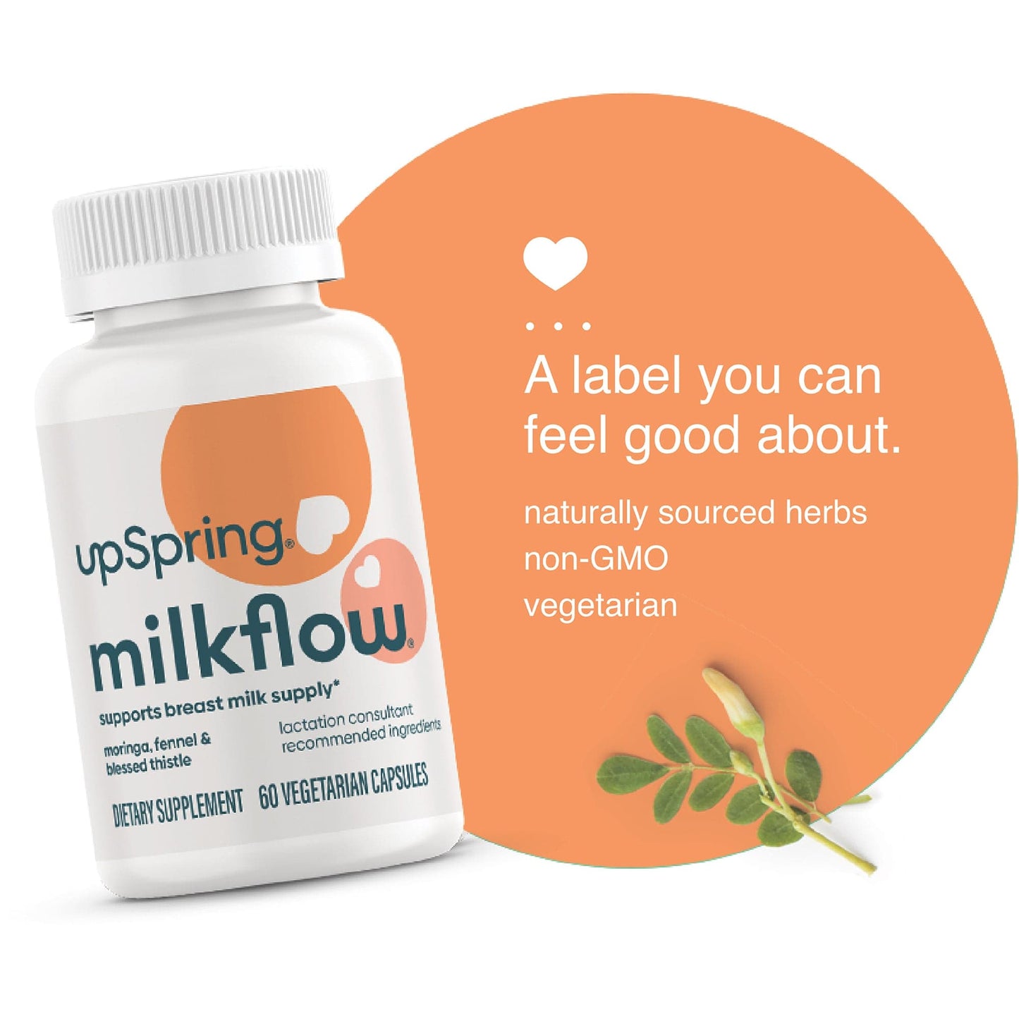 A bottle of 60 ct capsules of UpSpring MilkFlow moringa, fennel, and blessed thistle