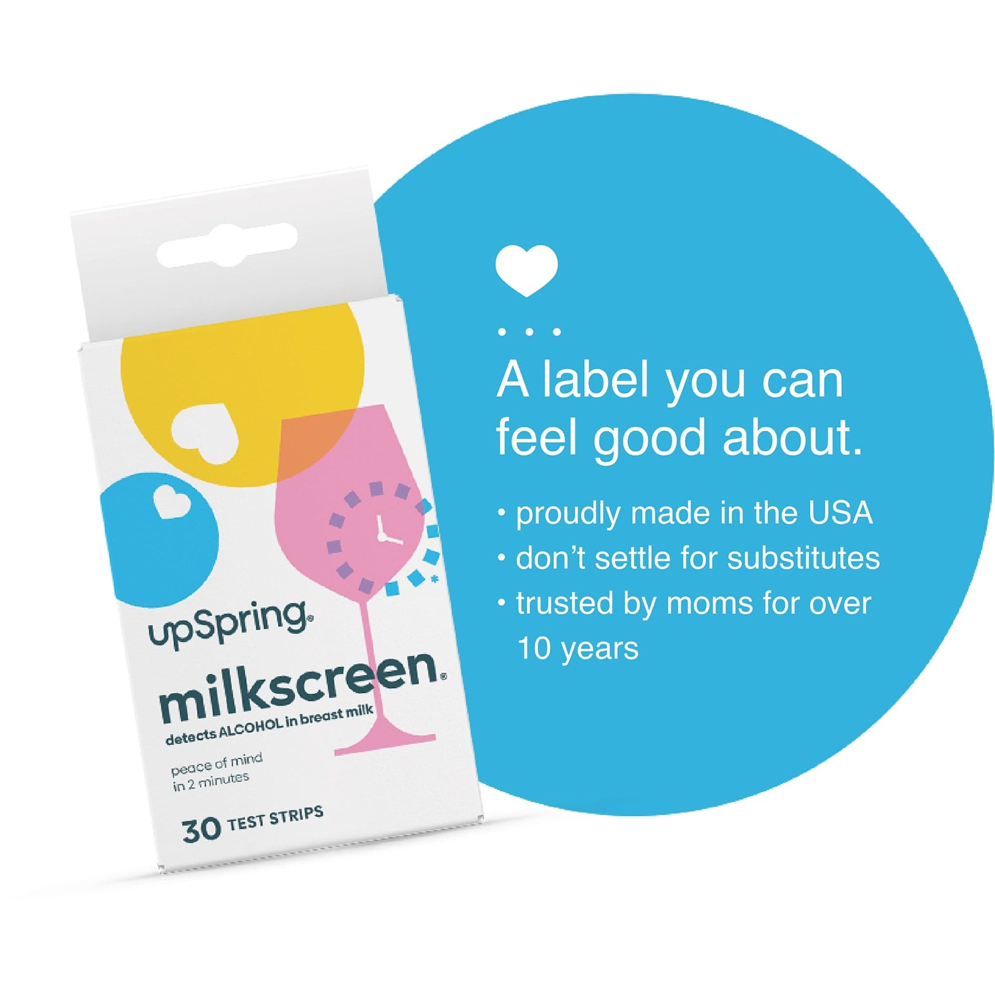 A box of UpSpring Milkscreen alcohol detection strips with product claims