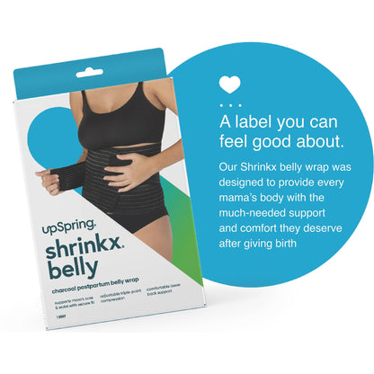 A shinkx postpartum belly wrap next to product claims