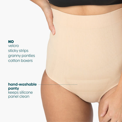 An image of a woman wearing nude C Panties that do not have velcro and are hand washable