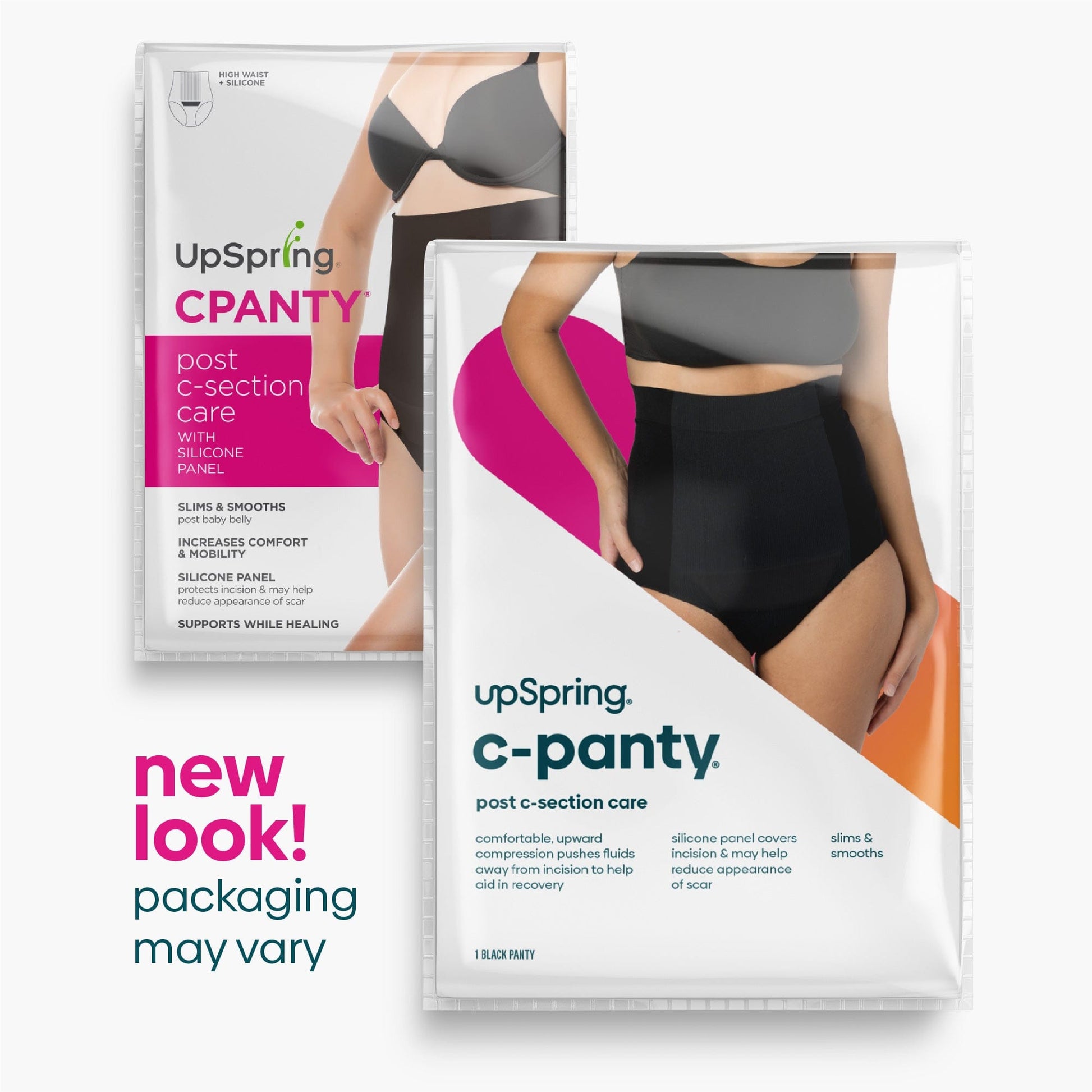 Two packages of C Panty, one with the old packaging and one with the new packaging