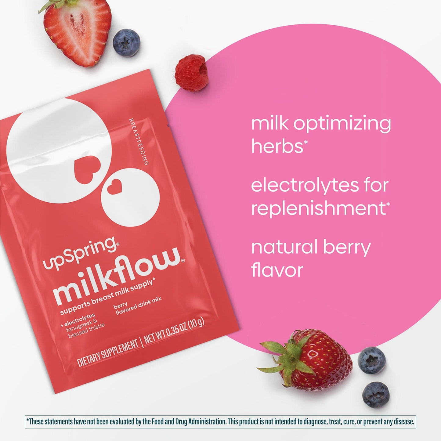 An individual packet of MilkFlow Berry for replenishing electrolytes for breast feeding moms