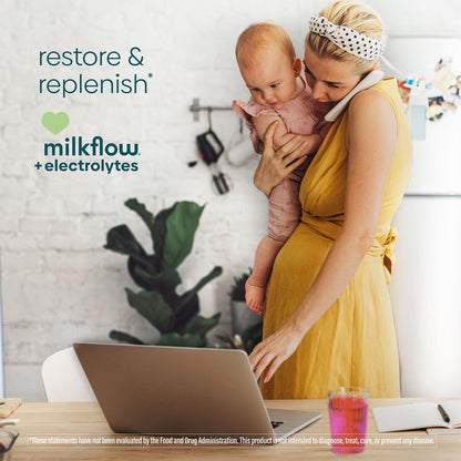 A working mother holding her child with a glass of MilkFlow Berry on the desk