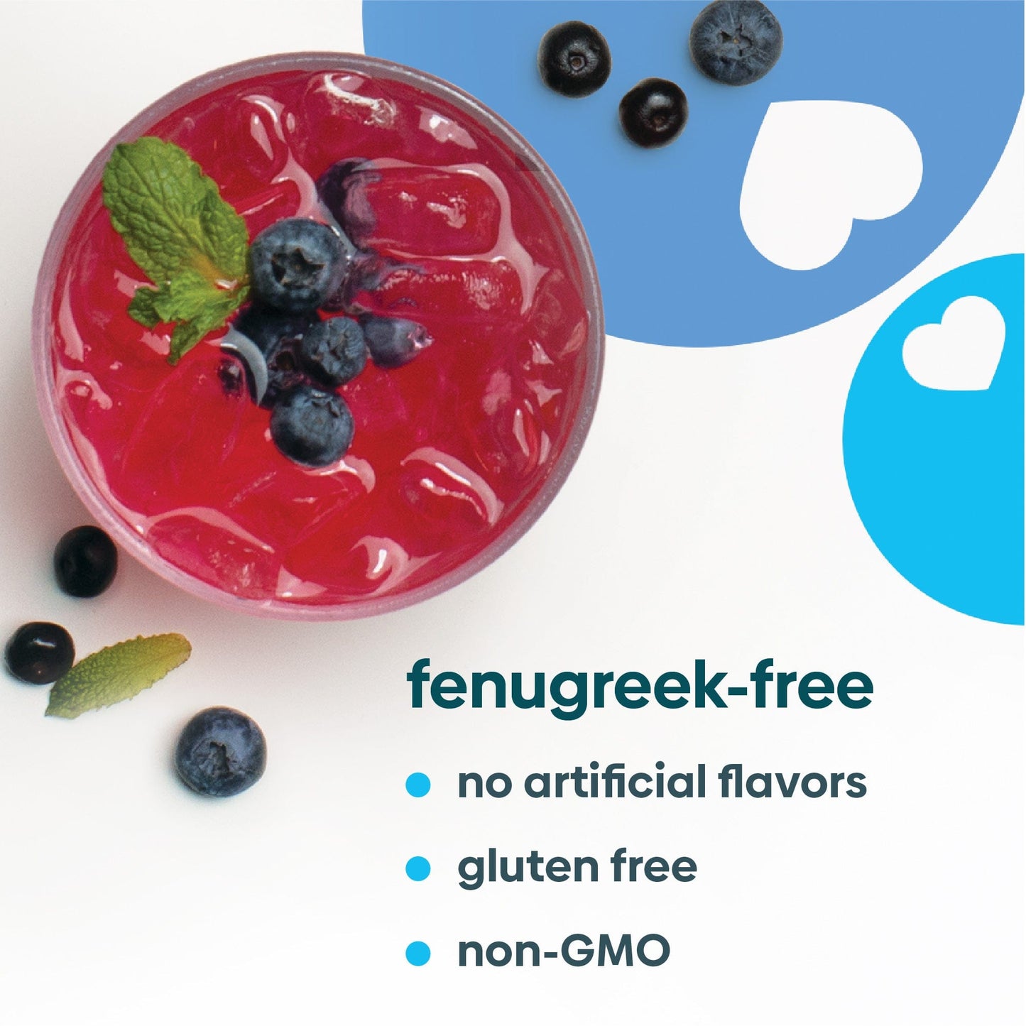 A glass of MilkFlow Blueberry Acai is shown with product claims