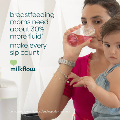 A mother holds her child while drinking MilkFlow to support breastmilk supply
