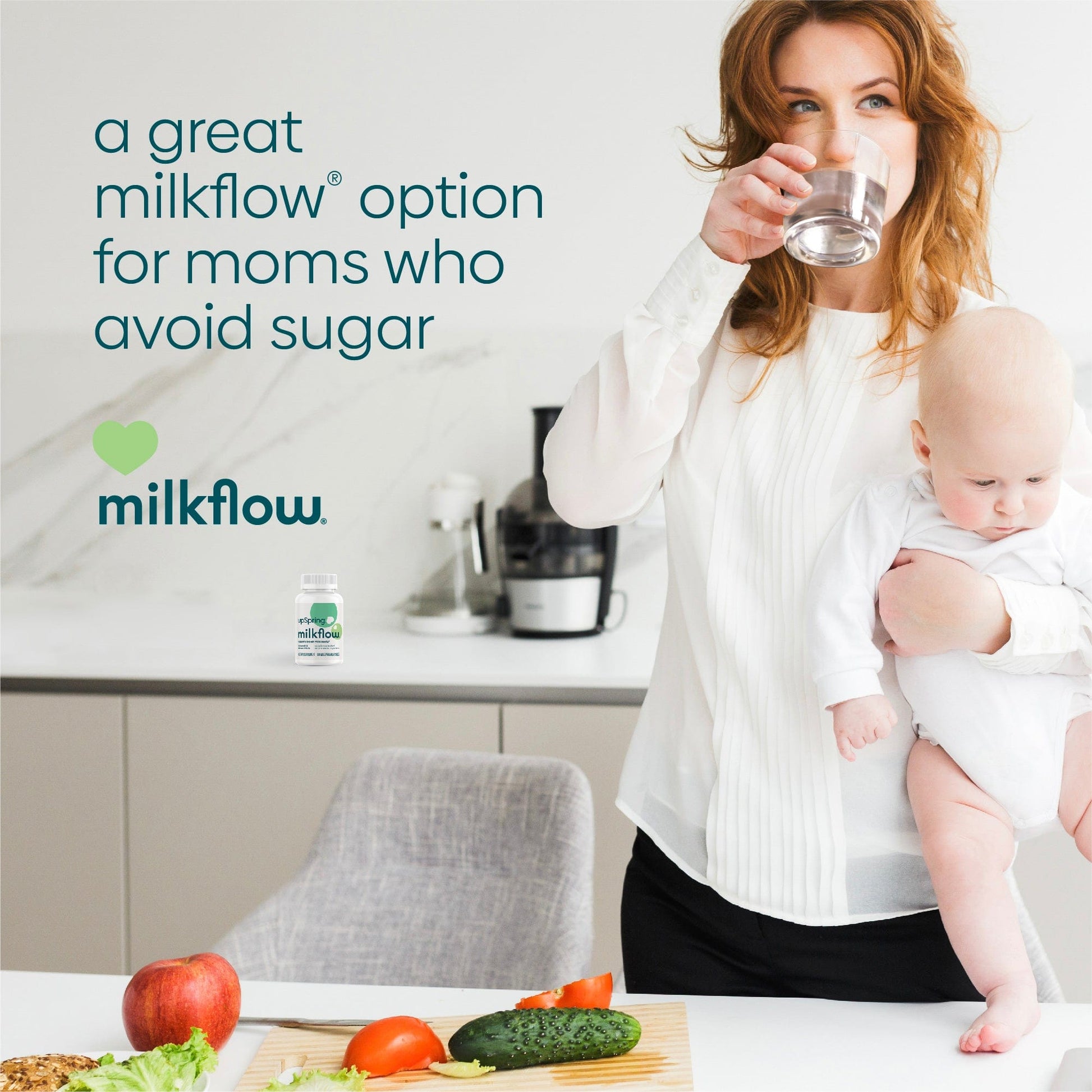 An image of a busy mom holding her baby as she takes MilkFlow capsules with a glass of water to support breast milk supply