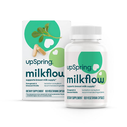 A product photo of the box and bottle of MilkFlow Fenugreek capsules