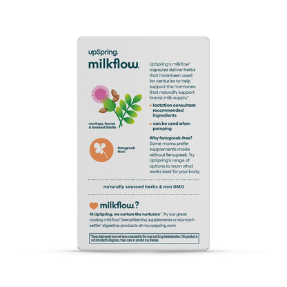 The back of a box of MilkFlow Moringa, Fennel, and Blessed Thistle with product information