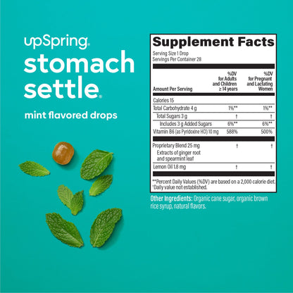 Supplement facts and ingredient information for UpSpring Stomach Settle mint flavor
