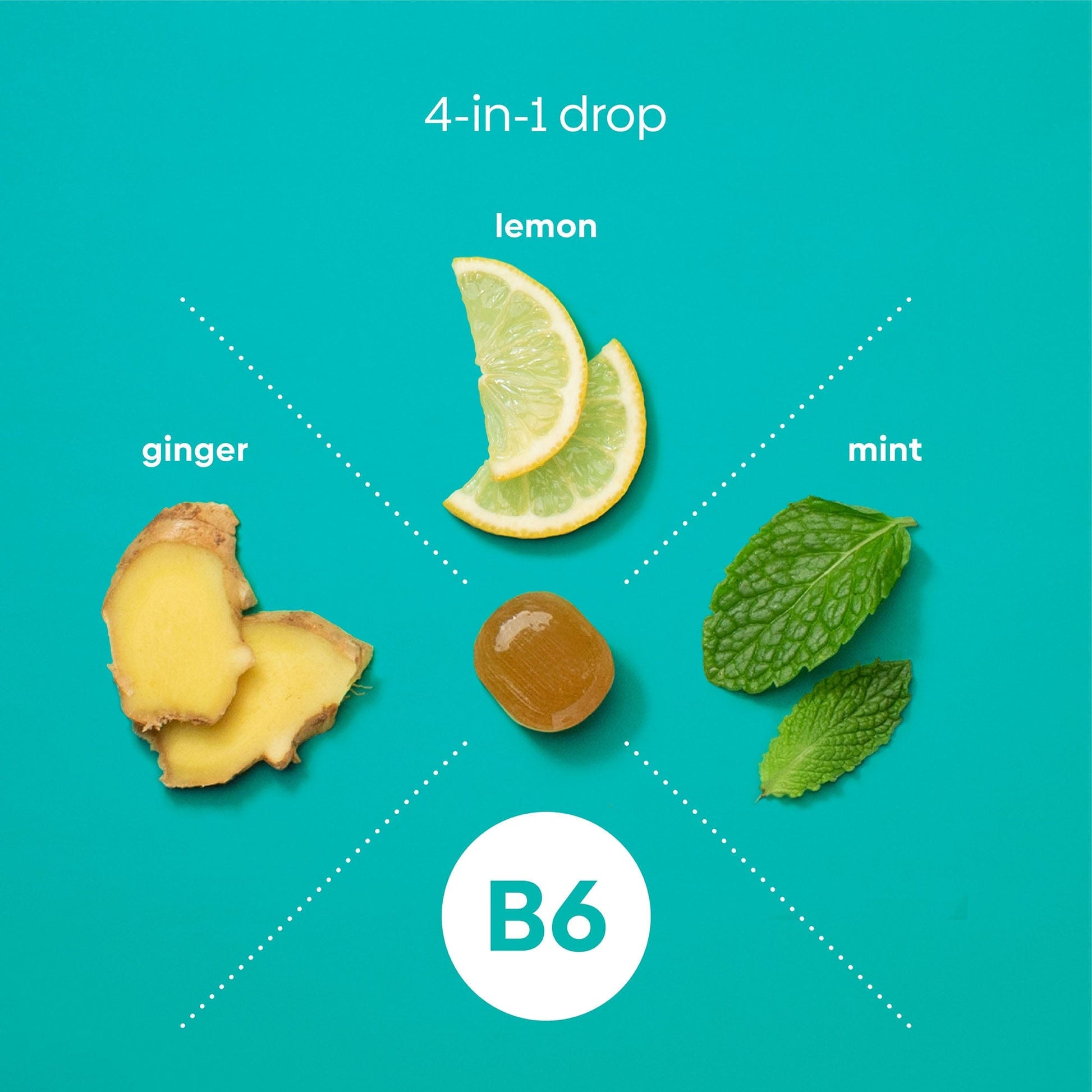 Ingredients in Stomach Settle are shown on a teal background