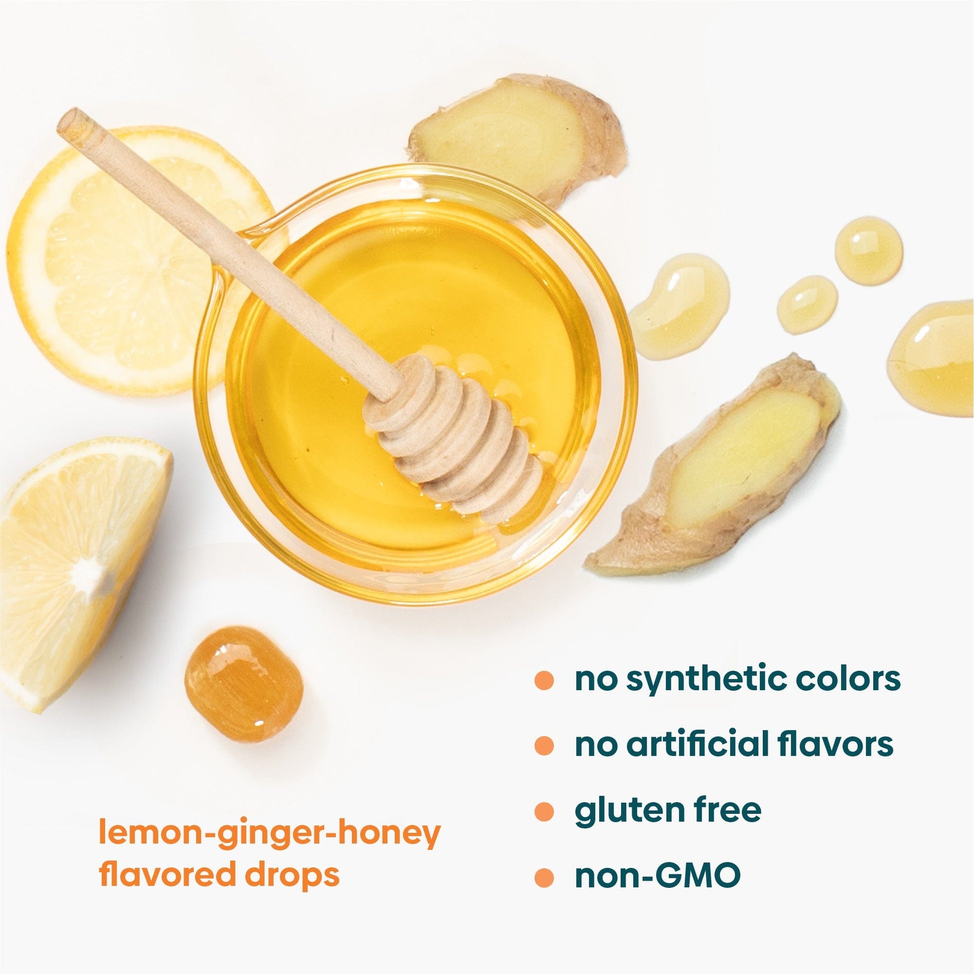 Lemon slices, pieces of ginger, and honey are ingredients in Stomach Settle drops